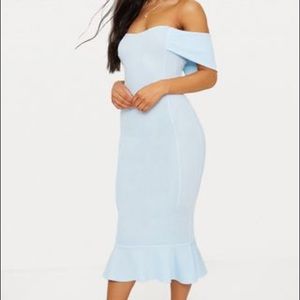 Dusty Blue Bardot Frill Hem Midi Dress